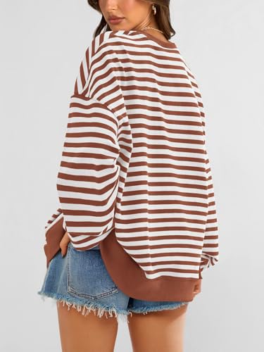 Image of PRETTYGARDEN Womens Striped Oversized Sweatshirt Color Block Crew Neck Long Sleeve Casual Loose Pullover Top Y2K Clothes