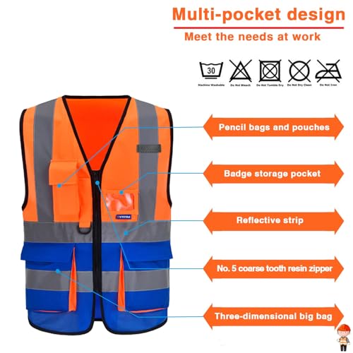 Image of Hi-Vis Reflective Vest, Radio Loop, Front Zipper, Orange /Blue, XL | Orange /Blue XL fabric work vest with 7 pockets, clear ID pocket and radio mic loop for heavy equipment; unisex workwear.