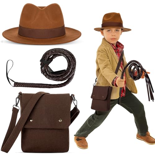Mepase 3 Pcs Halloween Costume Include Canvas Bag Brown Felt Hat Faux Leather Whip for Boy Girl Halloween Cosplay Accessory (Brown)