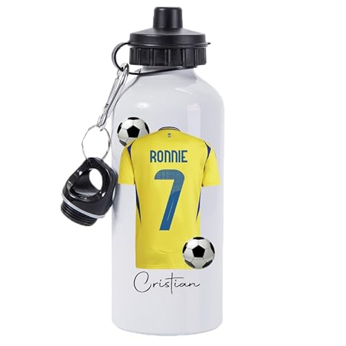 Pickhut Personalised Football 600ml White Aluminium Sports Water Bottle Back to School Gift for Kids, Customised with Name/Number/Text with Football Shirt yellow and blue Jersey Kit (D26)