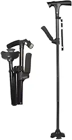 Bengala Dobrável com Luz LED, Ajustável em Altura, Base Larga Antiderrapante, Design Compacto, Haste de Apoio Auxiliar para Idosos e Mobilidade Reduzida, Preta