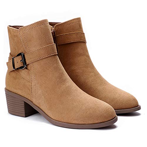 CINAK Duchess Women's Western Ankle Booties - Slip On Side Zipper Casual Mid Stacked Heel Boots
