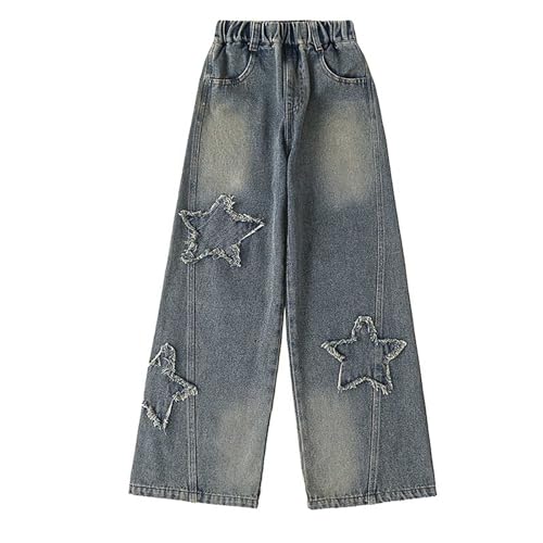 Girls Wide Leg Y2K Jeans Kids Trendy Streetwear Star Graphic Denim Pants Elastic Waist Baggy Trousers with Pockets2