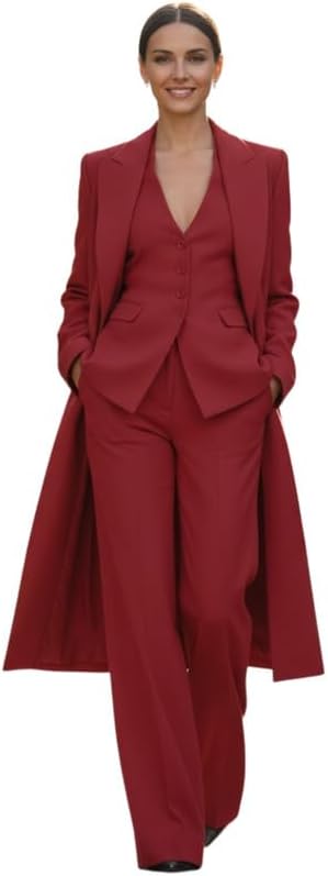 Women's Solid Color 3 Piece Suit Peak Lapel Long Blazer V Neck Vest Pant Suit for Wedding Guests