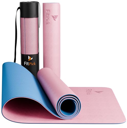 Image of FIT PICK Pro Yoga Mat for Women & Men | High Density TPE Yoga Mat with 6mm Cushion | Non-Toxic, Sweat-Resistant & Double Sided Anti-Slip Exercise Mat | Lightweight & Portable with Carry Bag (Pink Sapphire)
