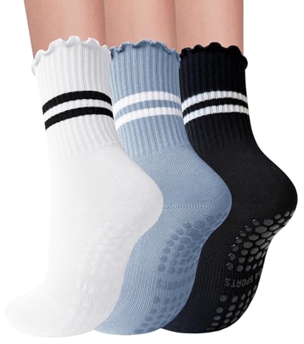 Image of 3 Pairs Pilates Socks with Grips Non Slip Ruffle Yoga Grip Socks for Women