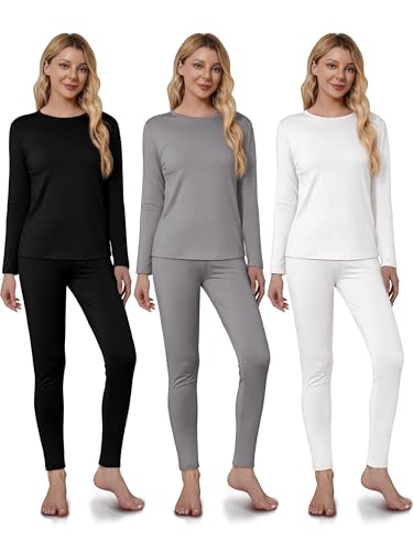 VZV 3 Set Thermal Underwear for Women, Long Sleeve Base Layer with Fleece Lined Women Thermals Top and Bottom Set