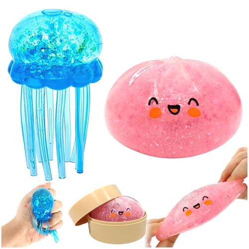 Set Squishy Antiestrés, Dumplings Squishy Glitter & Medusas Juguete, Dumplings Juguete Gigante 9cm TPR con Vaporera, Dumplings Sorpresa,Fidget ToyAntiestres Niños & Adultos, Portátil