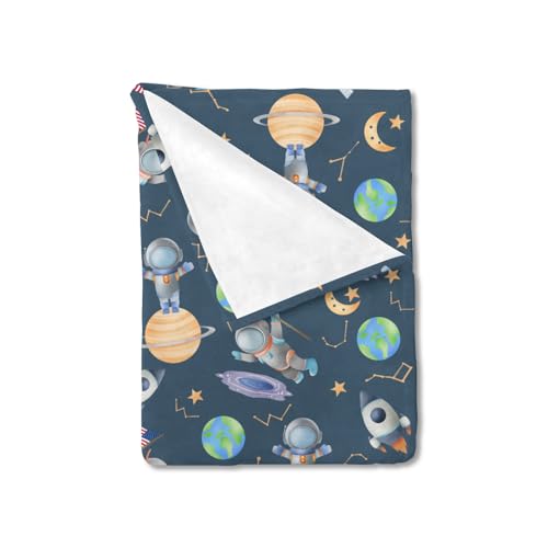 Image of Cartoon Outer Space Galaxy Ship Astronaut Baby Blanket for Boy Girl Spaceman Moon Stars Flannel Swaddle Blanket Soft Receiving Blankets Kids Toddler Newborn Daycare Infant Bed Crib Blanket 50x60