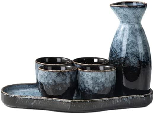Ensemble de saké traditionnel, ensemble de saké en céramique, boisson chaude de saki de poterie japonaise traditionnelle en porcelaine, 6 pièces comprenant 1 bouteille de saké 1 plateau 4 tasses, for