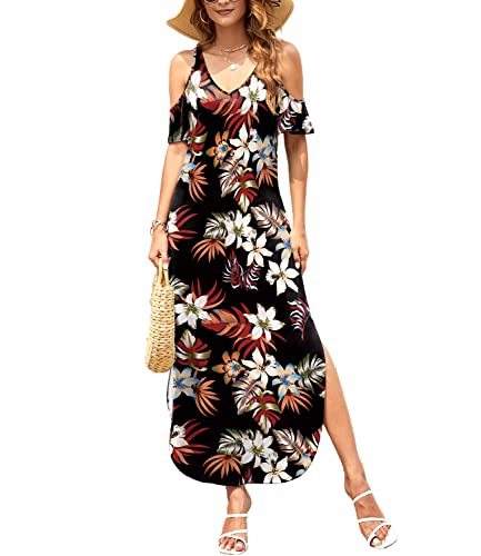 Gracyoga Maxi Dress For Women Casual Summer V Neck Cold Shoulder Short Sleeve Split Long Beach Dresses With Pockets #TOP2