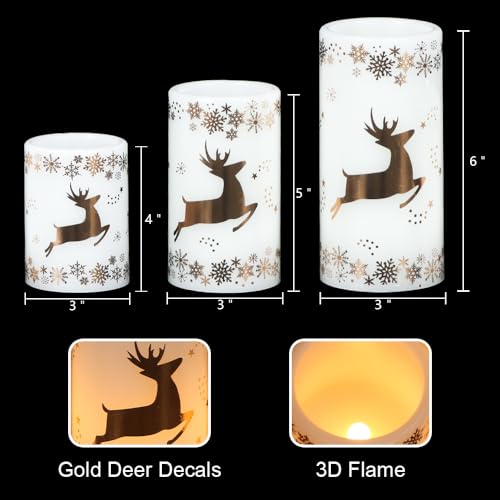 Image of KunSween Christmas Flameless Candles with 6H Timer, 3 Pack LED Flickering Candles with Gold Deer Decals and Real Wax, Christmas Winter Decorations for Home Indoor Table Centerpieces