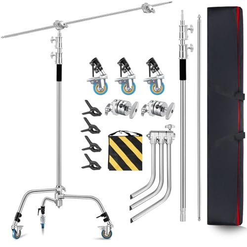 C Stand with Boom Arm Heavy Duty Light Stand with Wheels Max Height 10.8FT Stainless Steel Adjustable Sturdy Rolling C-Stand for Photography Studio Lighting with Sandbag and Strong Carrying Bag