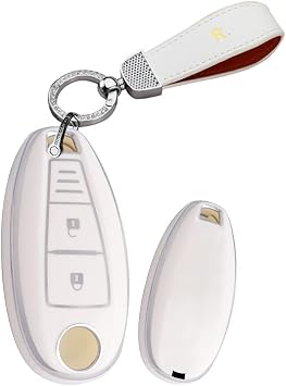 Key Fob Cover Compatible with Suzuki Swift Vitara Grand Ii Sx4 Baleno Kizashi Jimny Ignis Car Accessories TPU Silver-Edge Smart Remote Auto Key Case 3 Button with Bling Keychains-Whtie