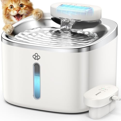 oneisall Katzenbrunnen Kabellos, 3.5L Trinkbrunnen für Katze Edelstahl, 5000mAh Akku, Katzen Trinkbrunnen mit Bewegungsmelder, Leise Wasserpumpe, 3 Filter, Weiß