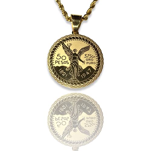 Collar Moneda Centenario Mexicano – Colgante 50 Pesos Helado con Baño de Oro Amarillo 14k y Cadena de Cuerda 2.5mm, Joyería de Acero Inoxidable