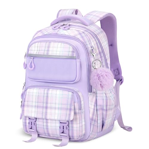 Tanou Schulrucksack Mädchen Kinder Schultasche, Ergonomischer Rucksack Große für Mädchen Teenager, Mode Karo-Schulranzen Lässiger Daypack für Reisen, Lila