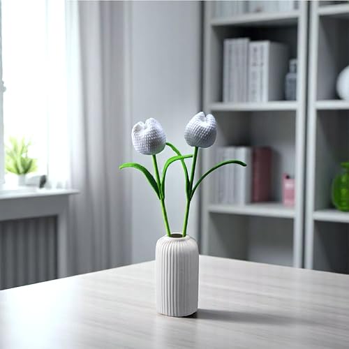 Image of Tulip Crochet Flowers | Handcrafted Artificial Faux Woolen Flower with Long Stem | Natural Looking Knitted Flower for Home, Living Room, Vase & Bouquet Decoration & Gifting | White- 2 Pcs