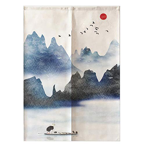 Fenteer Noren, Cortina Japonesa, Puerta Corta, Tapicería, Algodón, Lino, Decoración De La Habitación - Montañas y pájaros-75x120cm