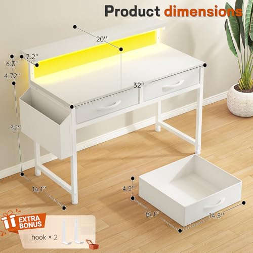 Image of DurayLoly 32 inch Computer Desk with 2Drawers and Side Pocket for Teenagers,Office Desk with Monitor Stand and LED Lights, Study Writing Table with Anti-Tip Design for Small Spaces,Glacier White