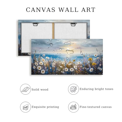 crmotu Coastal Daisy Flower Wall Art, Seaside Sunset Landscape Large Artwork, Beach Wildflower Rustic Pictures Canvas Prints, Seascape Blue Paintings Wall Decor Living Room Bedroom Kitchen 20X40 In