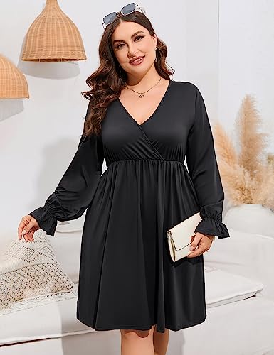 Image of ShopWonder Plus Size Dress Women's V Neck A-Line Knee Length Wrap Swing Dresses Plus Size A Line Party Mini Dress