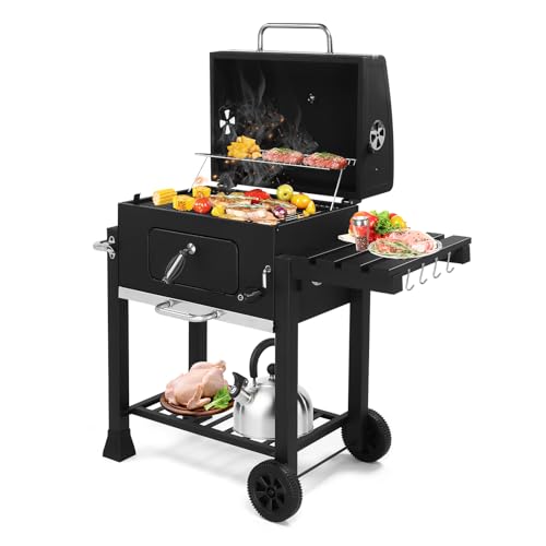 LEADZM Barbecue Charbon de Bois avec planche latérale pliante et roues, barbecue extérieur robuste pour jardin et terrasse, contrôle température précis,...
