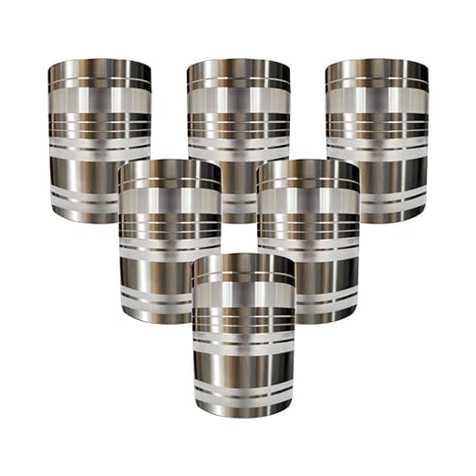 kapicon Lined Heavy Duty Stainless Steel Serving Glasses Set of 6 | Dinner Set, Water, Juice, Milk, Wobble Free Base, Durable, Multipurpose, Elegant Design & Mirror Finish Silver 300ml