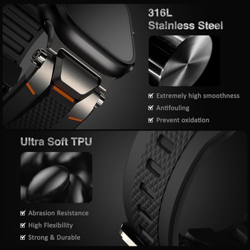 Image of ULTIMAL Rugged Band for Apple Watch Ultra 3 /2 /1 49mm, Series 11 /10 /9 /8 /7 /6 /5 /4 SE 46mm /45mm /44mm, Waterproof, Soft TPU Strap with Stainless Steel Buckle & Connectors, Sweat-Resistant, Easy to Clean, Fits 155-225mm Wrist (Black /Gray)