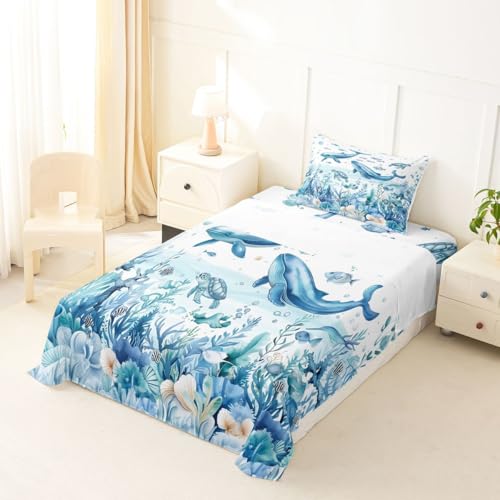 Image of jejeloiu Sea Animal Bed Sheets Set Twin Size Whale Turtle Fish Bed Set for Kids Boys Girls The Sea Marine Animal Deep Pocket Fitted Sheet Summer Breathable Soft Lightweight Microfiber