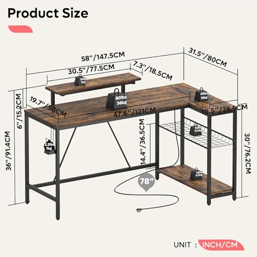 Bestier 147CM L-Shaped Desk with Power Outlets & LED Lights, Reversible Corner Computer Desk with Shelves & Hooks for Home Office or Bedroom Study