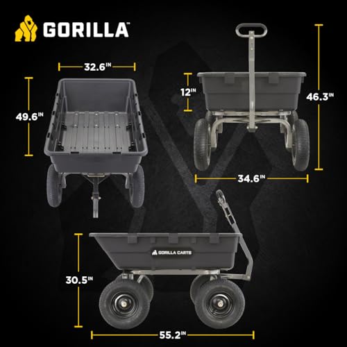 Image of Gorilla Carts Poly Dump Cart, 1500 lb. Capacity, 10 Cu Ft, Black