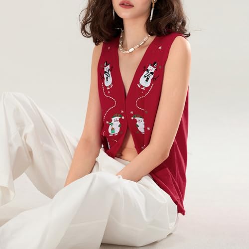 Image of Women Christmas Knit Vest Top Santa Embroidery Sleeveless Button Down Sweater Vest Xmas Snowman Cardigans Tank Top