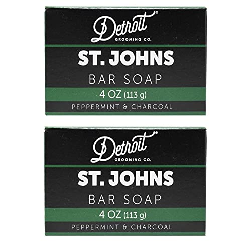 Detroit Grooming Co. Bar Soap - St Johns - Peppermint Charcoal Moisturizing Soap for Men - Natural Oils and Ingredients Heal and Protect Skin and Hair - Nourishing and Refreshing (4oz, Pack of 2)