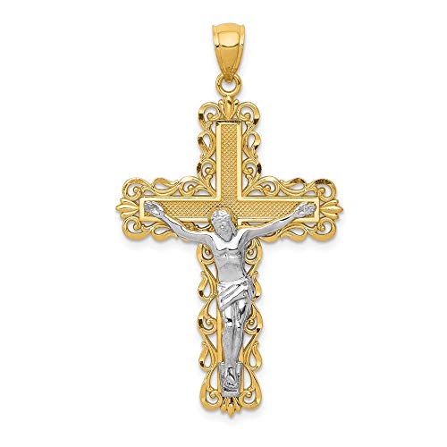 Solid 14k Yellow and White Gold Two Tone Cross Pendant Crucifix Charm - 43mm x 25mm
