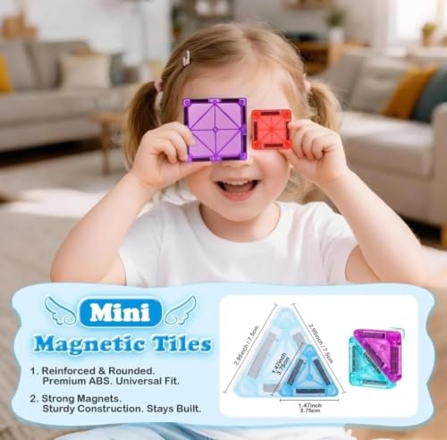 Image of Happy Hues 26 Pcs Mini Magnetic Tiles Travel Set- STEM Magnetic Building Blocks with Tin Storage Case, Safe BPA-Free Educational Toy for Toddlers & Kids Ages 3+