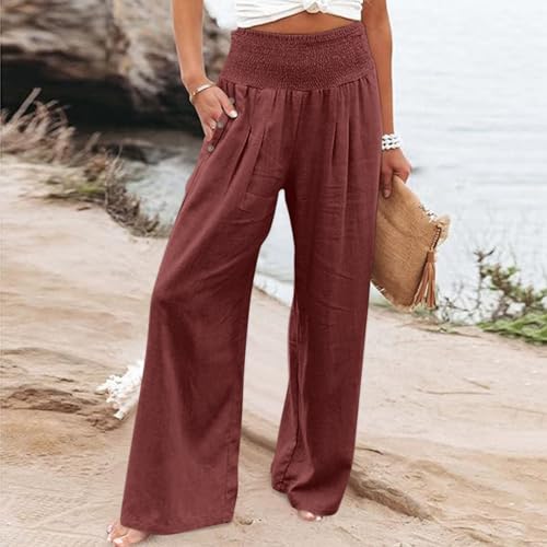 Women Wide Leg Linen Pants Smocked High Waist Stretch Palazzo Pants with Button Pockets Boho Flowy Cotton Beach Pants2