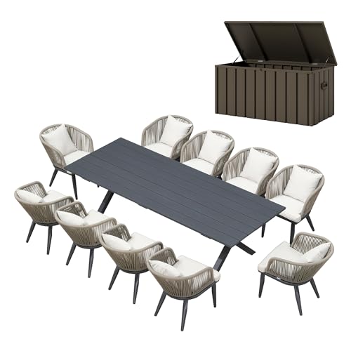 Image of PURPLE LEAF 11 Pieces Patio Dining Set with Storage Box Wicker Outdoor Furniture Rectangular Table and Chairs Set for Garden Deck Backyard Kitchen, Cushions and Pillows Included Taupe