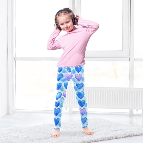 Watercolor Blue Heart Girls Leggings Ultra Soft Compression Yoga Gym Pants for Kids 4-10T4