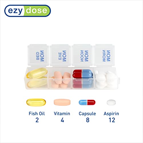 Image of Ezy Dose Push Button Weekly 7-Day, 4X Per Day Pill Organizer, Blue, Large | Weekly Pill Case, Medicine Planner, Daily Vitamin Organizer, 4 Times a Day, Arthritis Friendly Push Button Lids, BPA Free
