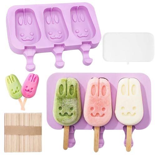 LACHT Molde para helado, 3 moldes de silicona para helado, moldes grandes para helado con tapas moradas, molde para pastel Magnum con 50 palitos de helado, molde para helado