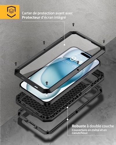 Coque iPhone 15 antichoc Lanhiem en métal rigide noir - 5