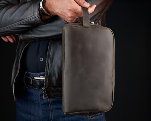 Awesometik Mens Travel Bag Toiletries Organizer Case for Grooming, Toiletry Bag for Men, Travel Essentials Shaving Dopp Kit, Geniune Leather Water Resistant Cosmetic Bag Pouch (Dark Brown)4