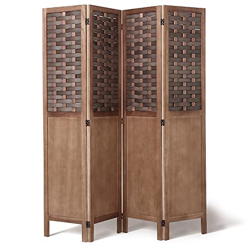 Vicluke 4 Panel Wood Room Divider, 5.6FT Privacy Screen Foldable Panel Wall Divider Partitions with Hand-Woven Wicker Rattan, Freestanding Room Seperating Divider for Home, Office, Patio, Living Room