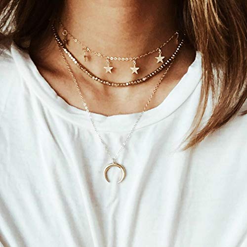 Adony Boho Layered Moon Necklaces Gold Star Pendant Choker Necklace Beaded Necklaces Chain for Women and Girls