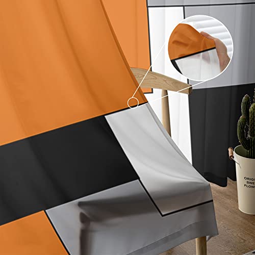 Geometric Orange Sheer Window Curtains, Black White And Gray Patchwork Rod Pocket Curtain For Living Room Mid Century Modern Window Treatment Curtain Drapes For Bedroom Kitchen, 52W" X 84L", Set Of 2 #TOP5