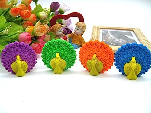Image of AK Store (Pack of 4) 3D Cute Cartoon Shape Rubber Pencil Erasers, School Stationery for Kids, Boys Girls, Birthday Return Gifts (Peacock)
