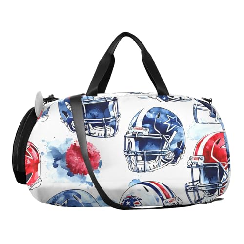 Gym Travel Duffle Bag for Boys Girls Football Helmet Pattern Red Blue Sports Dance Bag with Shoe Compartment & Wet Pocket Football Kids Travel Bag Teens Sleepover Carry2