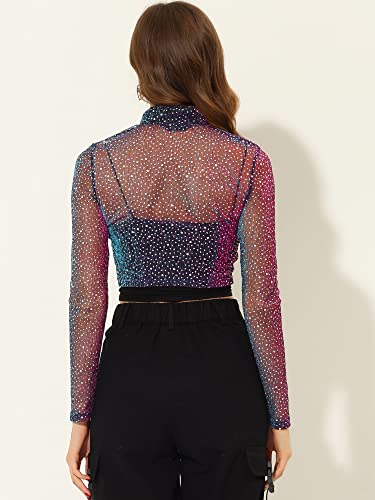 Allegra K Women's Crop Bomber Jacket Sheer Tops Mesh Sparkly Glitter Rave Outfit Halloween Clubwear Night Out Top4