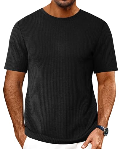Ekouaer Men's Knit T-Shirts Short Sleeve Casual Ribbed Shirts Lightweight Crewneck Tees Stretchy Undershirts S-XXL